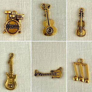 Goldtone Musical Instrument Charms Set of 6 Music Lovers Jewelry Supplies